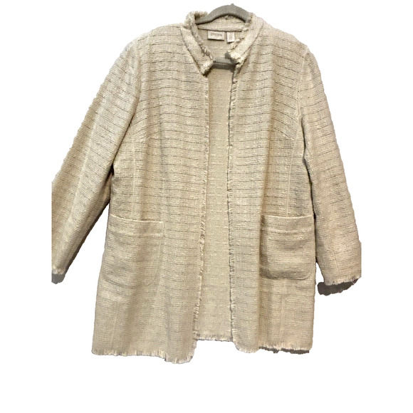 Chico’s Capsule Ecru Cream Tweed Fringe Long Topper Jacket Cardigan Sz 3 XL Chic - Picture 1 of 11